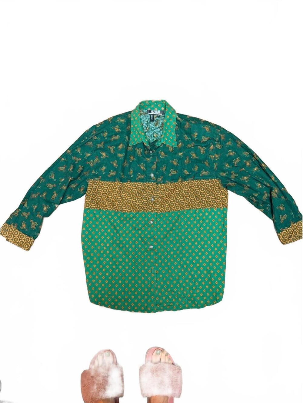 Vintage 90s SK Wear Woman blouse 22W green paisley patchwork button down
